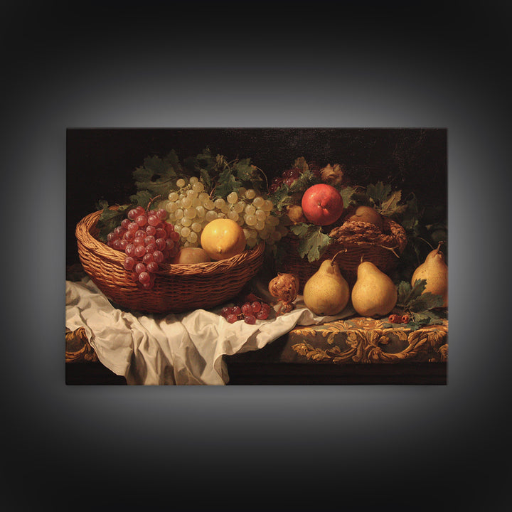 Basket of Apples and Pears on Linen Canvas Print, Traditional Art, Landscape, Living Room Decor, Fine Art, Classic, TRA-3x2-94