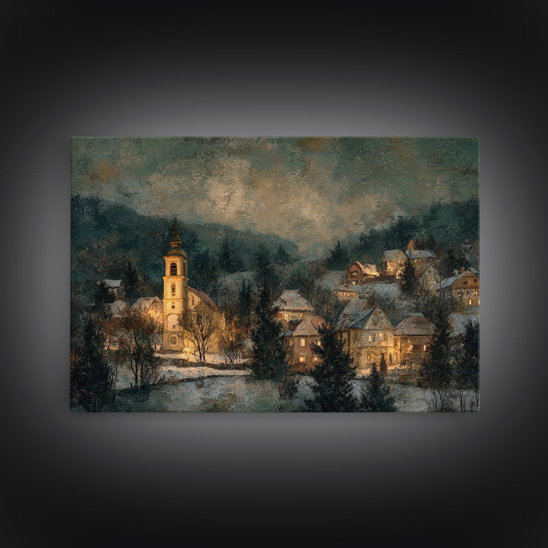 Snowy Village Landscape at Twilight Framed Canvas Print, Traditional Art, Art Commission, Living Room Decor, Fine Art, Classic, TRA-3x2-95
