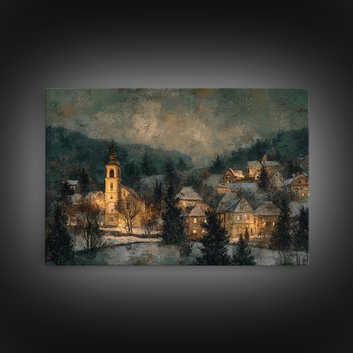 Snowy Village Landscape at Twilight Framed Canvas Print, Traditional Art, Art Commission, Living Room Decor, Fine Art, Classic, TRA-3x2-95