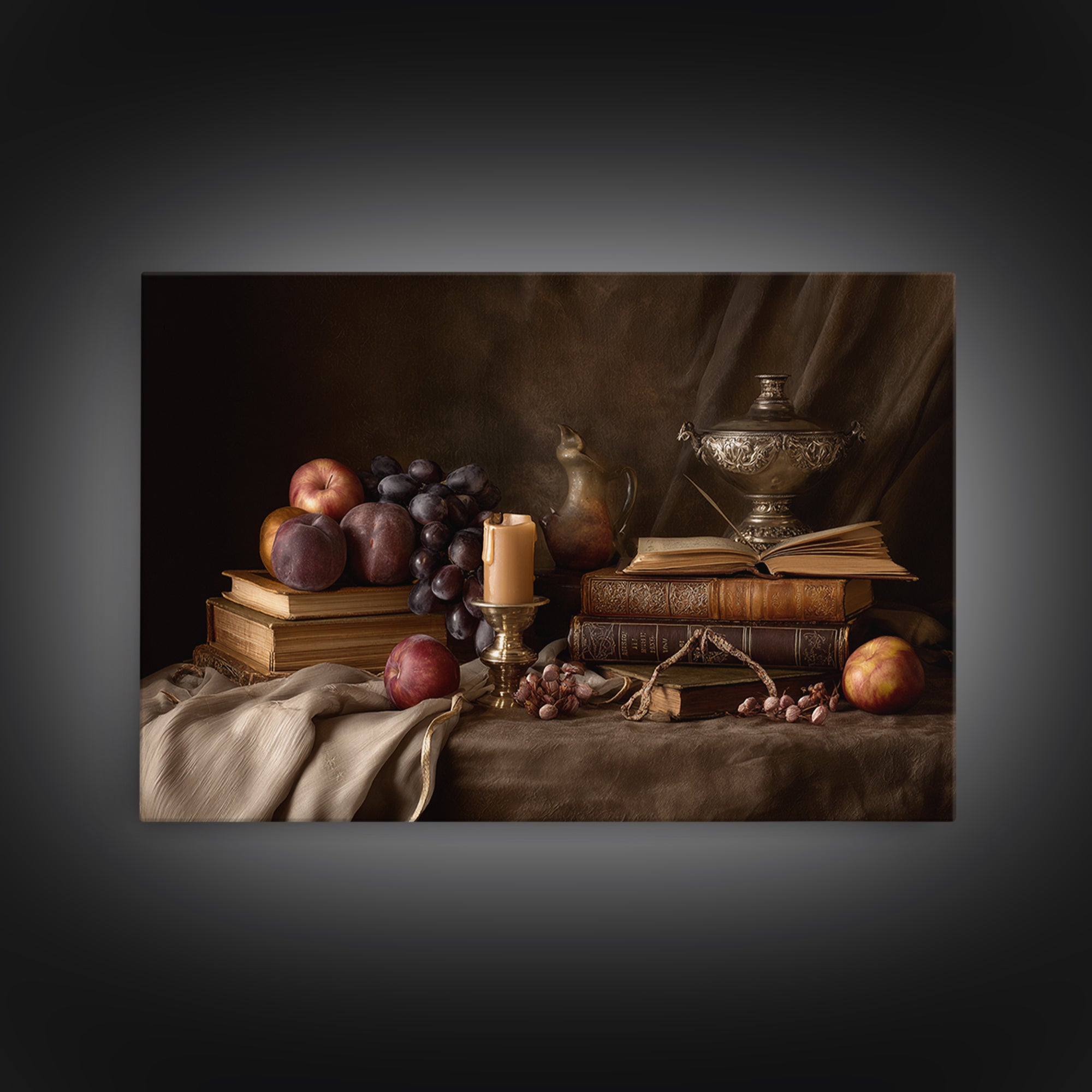 Still Life of Books Candle and Fruit Framed Canvas Print, Traditional Art, Painting, Living Room Decor, Fine Art, Classic, TRA-3x2-96