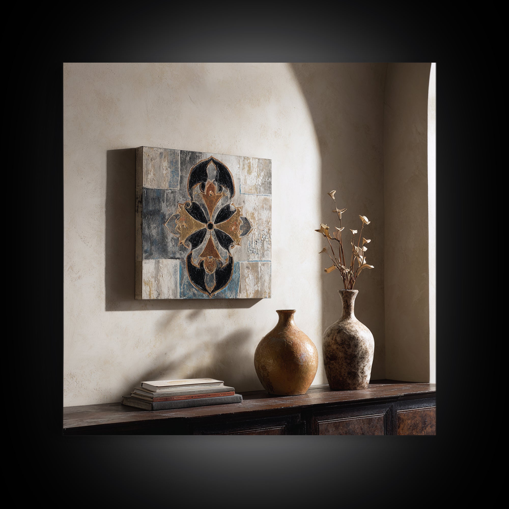 Hand Painted Shield Motif Framed Canvas Print, Tribal Art, Art, Living Room Decor, Fine Art, Tribal, Gallery Wall Art, TRI-1x1-53