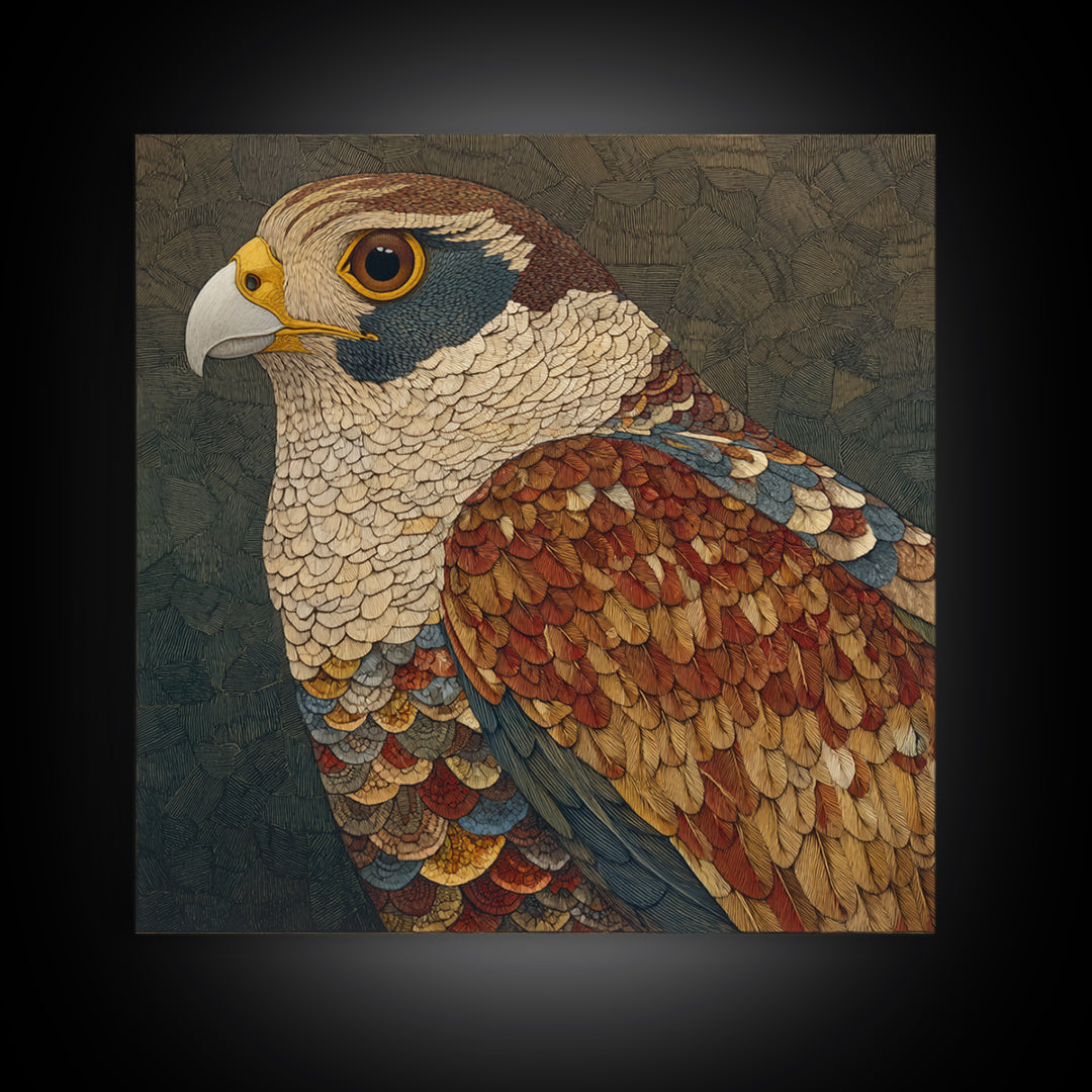 Totemic Bird with Patterned Wings Framed Canvas Print, Tribal Art, Earthy, Living Room Decor, Abstract Art, Tribal, TRI-1x1-72