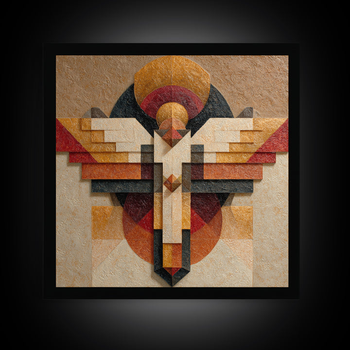 Eagle Totem with Feathers and Geometric Shapes Framed Canvas Print, Tribal Art, Tribal Design, Living Room Decor, Tribal, TRI-1x1-84