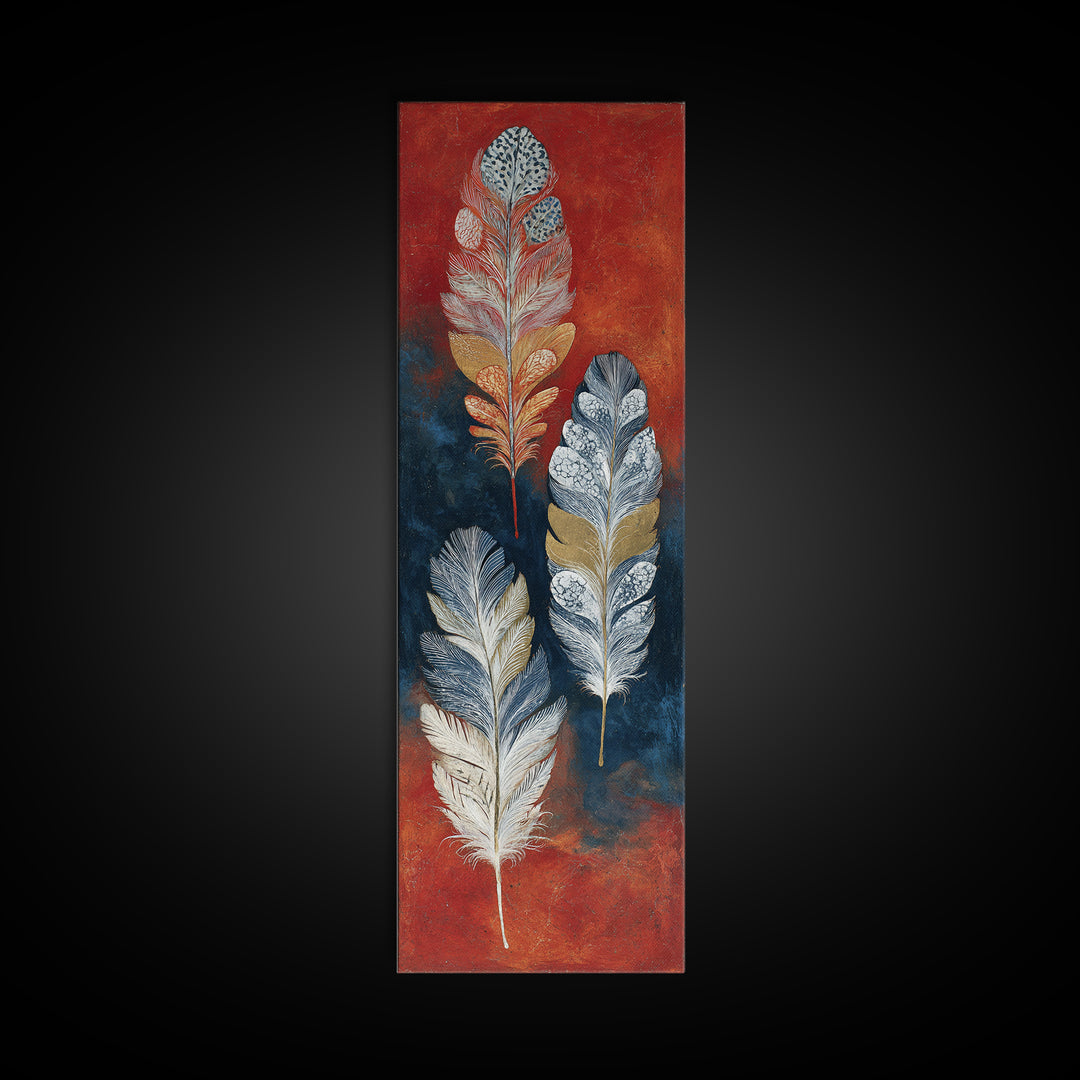 Feather Arrangement with Red Ochre Background Canvas Print, Tribal Art, Neutral Decor, Living Room Decor, Oil Painting, Tribal, TRI-1x3-55