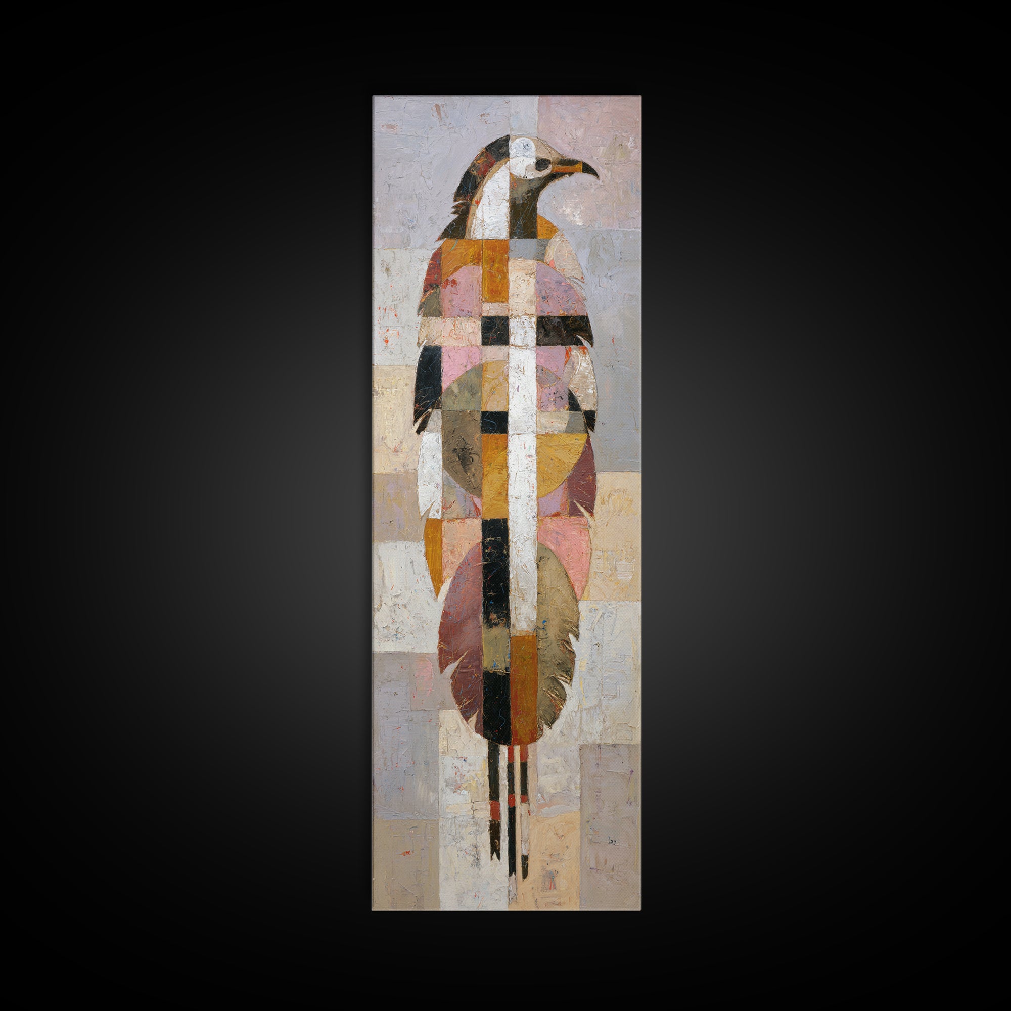 Eagle Totem with Feathers and Geometric Shapes Framed Canvas Print, Tribal Art, Statement Artwork, Living Room Decor, Tribal, TRI-1x3-96