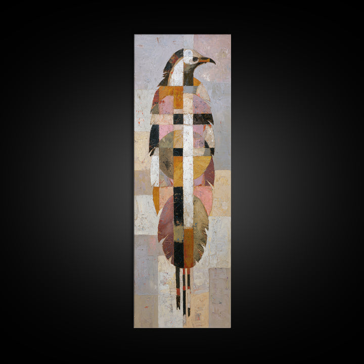 Eagle Totem with Feathers and Geometric Shapes Framed Canvas Print, Tribal Art, Statement Artwork, Living Room Decor, Tribal, TRI-1x3-96