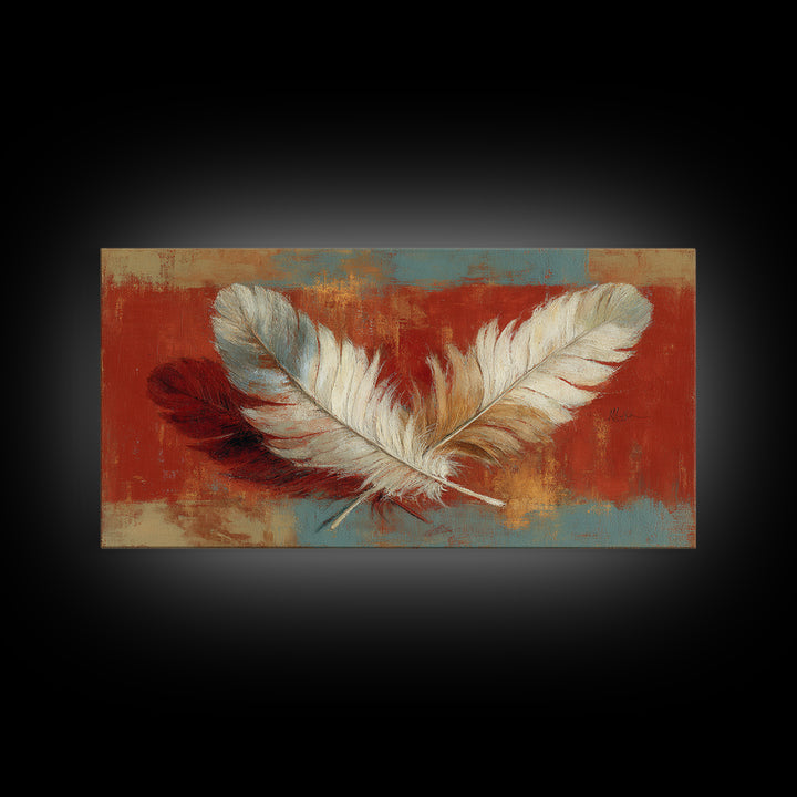 Feather Arrangement with Red Ochre Background Framed Canvas Print, Tribal Art, Living Room Decor, Watercolor Art, Tribal, TRI-2x1-15
