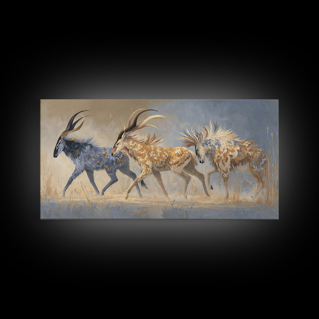 Ancient Cave Art Running Animals Framed Canvas Print, Tribal Art, Gallery Wall Art, Living Room Decor, Watercolor Art, Tribal, TRI-2x1-5