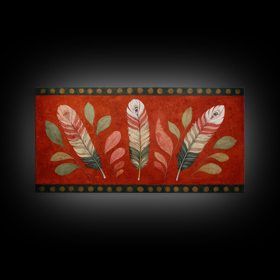 Feather Arrangement with Red Ochre Background Canvas Print, Tribal Art, Black and White Art, Living Room Decor, Tribal, TRI-2x1-63