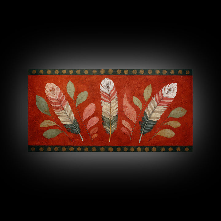 Feather Arrangement with Red Ochre Background Canvas Print, Tribal Art, Black and White Art, Living Room Decor, Tribal, TRI-2x1-63