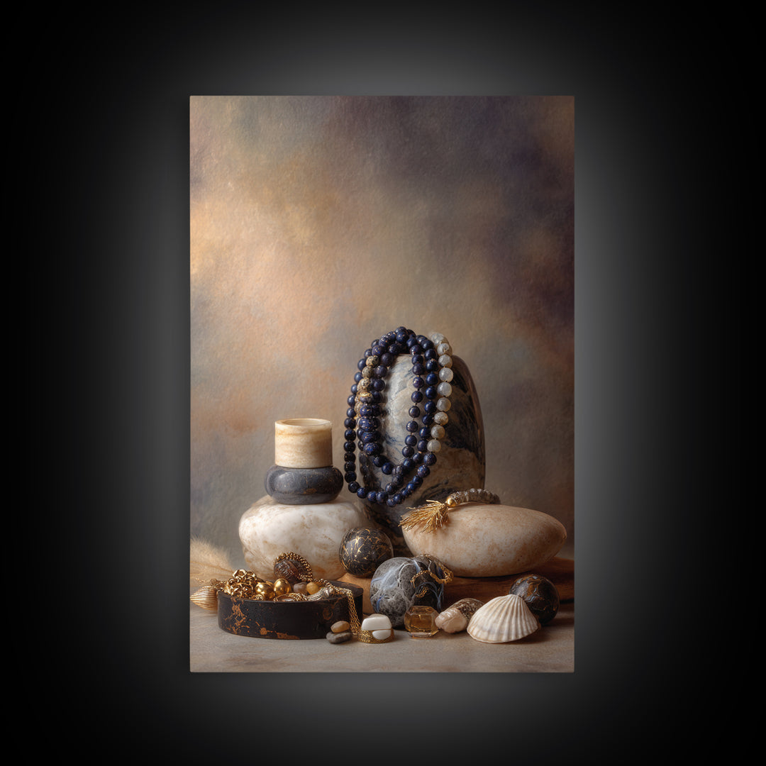 Beaded Jewelry Still Life Framed Canvas Print, Tribal Art, Abstract Art, Living Room Decor, Watercolor Art, Tribal, TRI-2x3-18