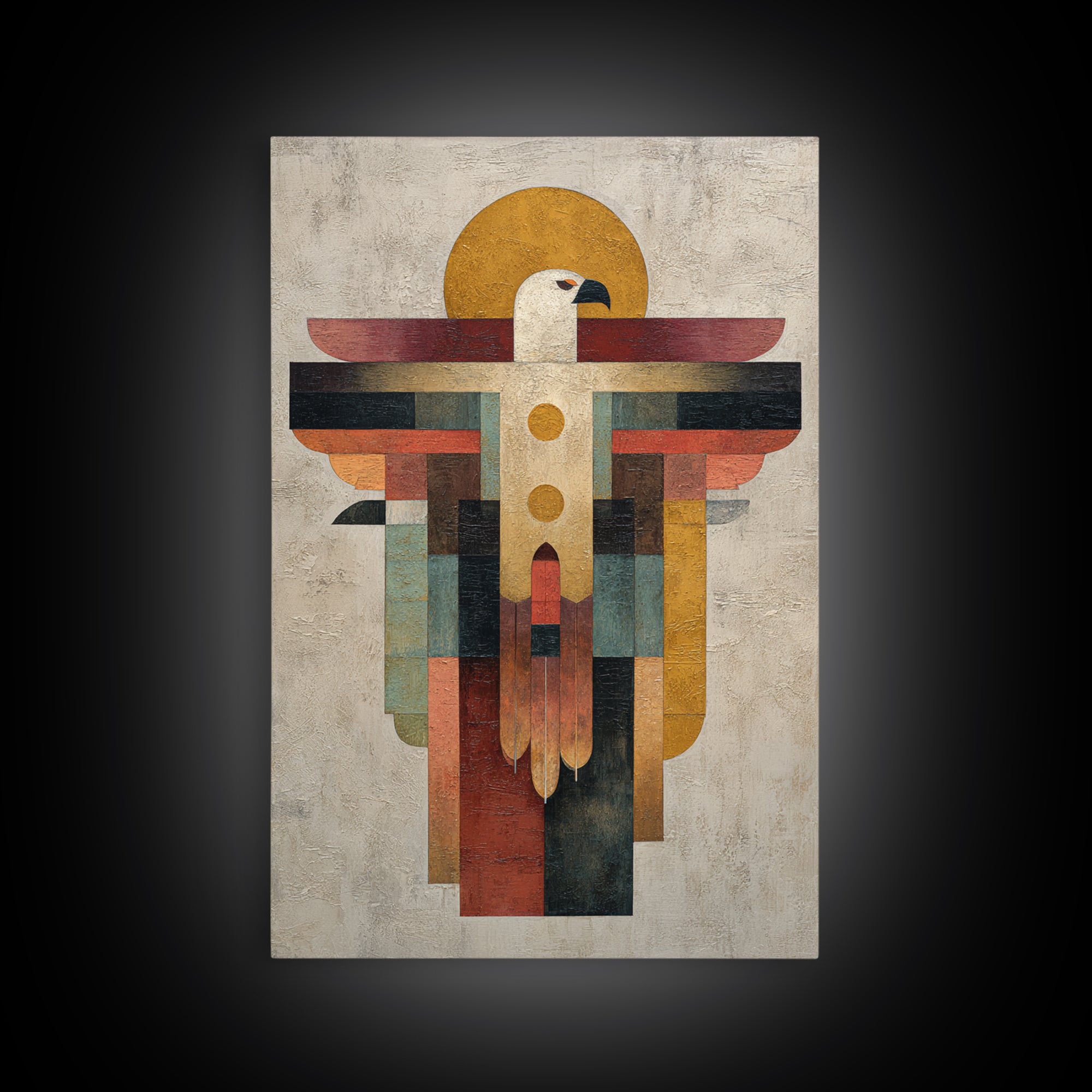 Eagle Totem with Feathers and Geometric Shapes Framed Canvas Print, Tribal Art, Living Room Decor, Abstract Art, Tribal, TRI-2x3-44