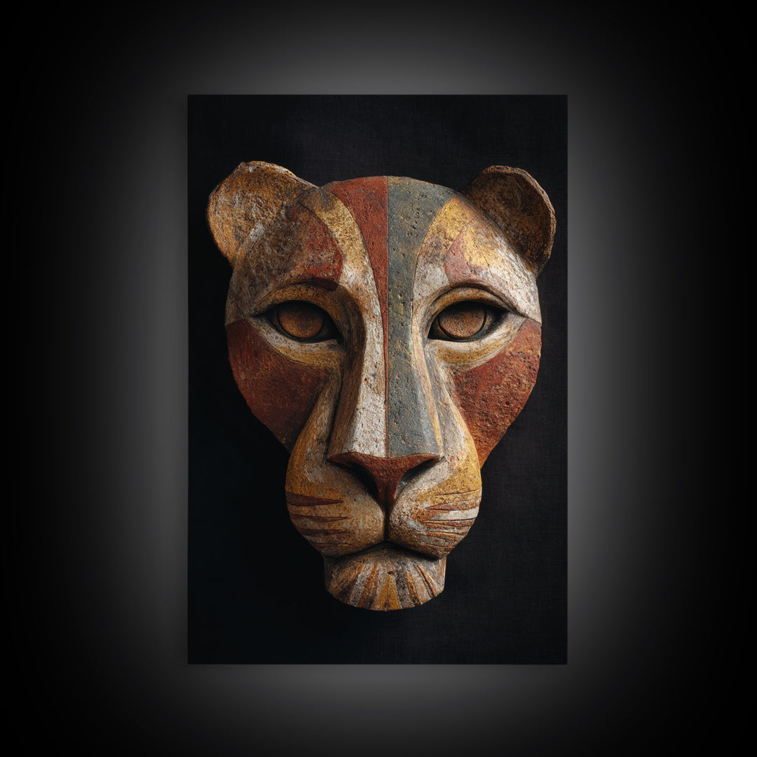 Lion Mask Abstraction Framed Canvas Print, Tribal Art, Boho Wall Decor, Living Room Decor, Abstract Art, Tribal, Fine Art, TRI-2x3-48