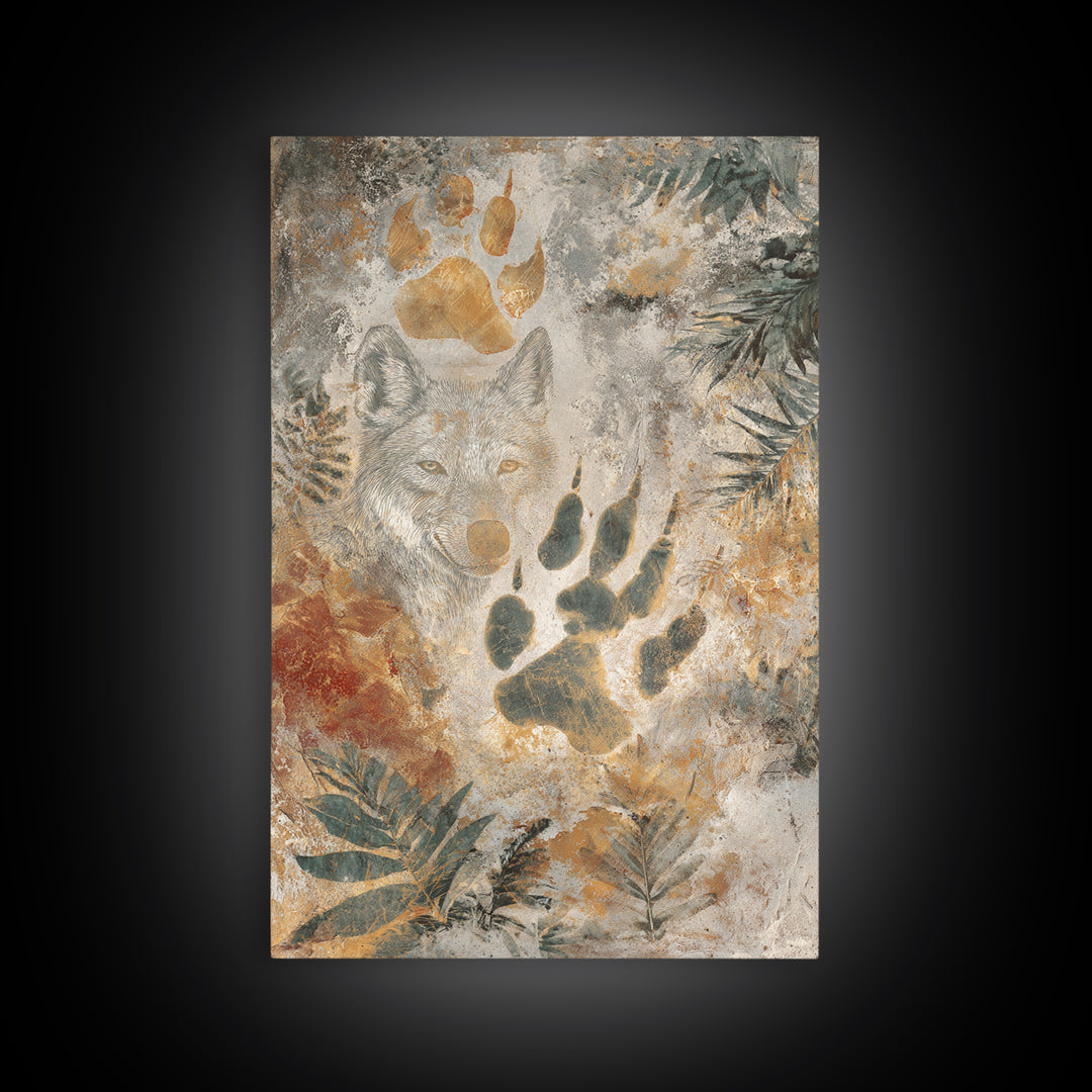 Handprint and Animal Track Composition Framed Canvas Print, Tribal Art, Earthy, Living Room Decor, Fine Art, Tribal, TRI-2x3-73