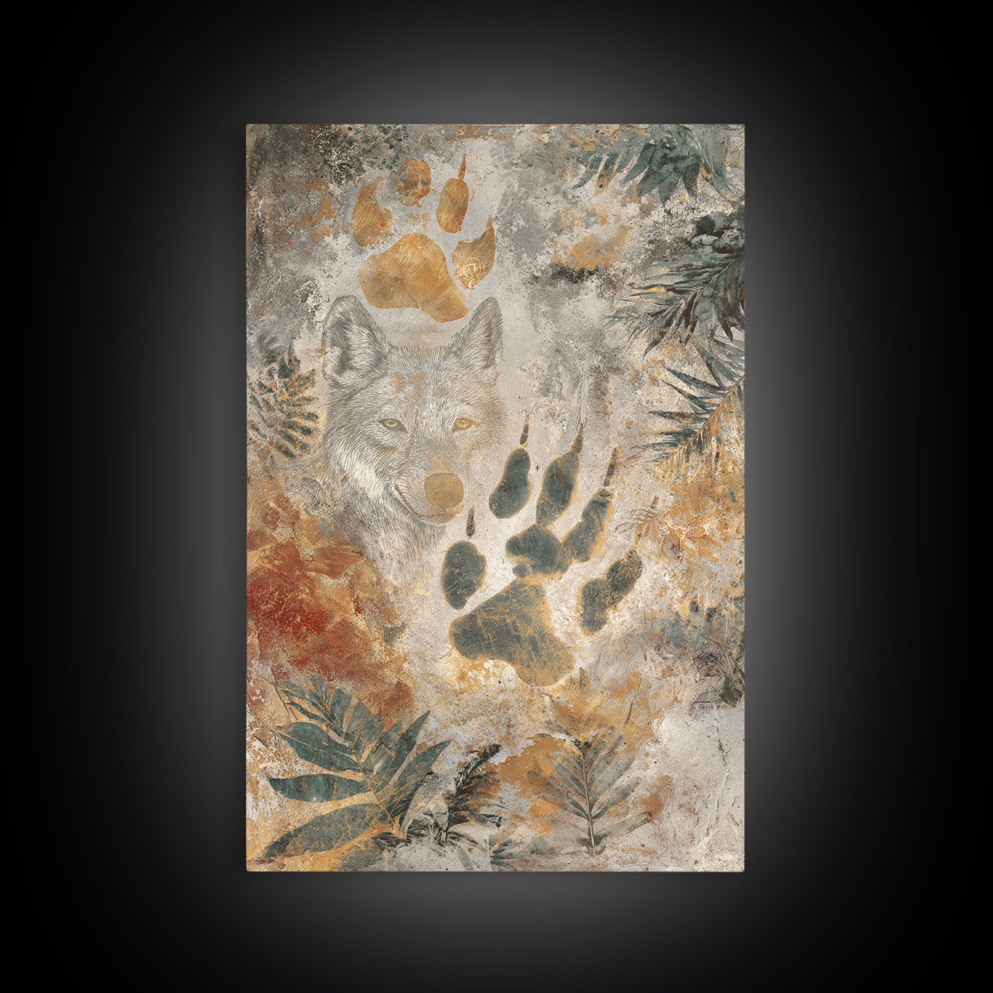 Handprint and Animal Track Composition Framed Canvas Print, Tribal Art, Earthy, Living Room Decor, Fine Art, Tribal, TRI-2x3-73