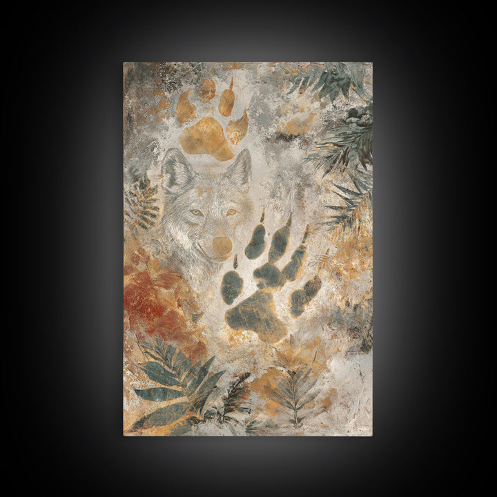 Handprint and Animal Track Composition Framed Canvas Print, Tribal Art, Earthy, Living Room Decor, Fine Art, Tribal, TRI-2x3-73