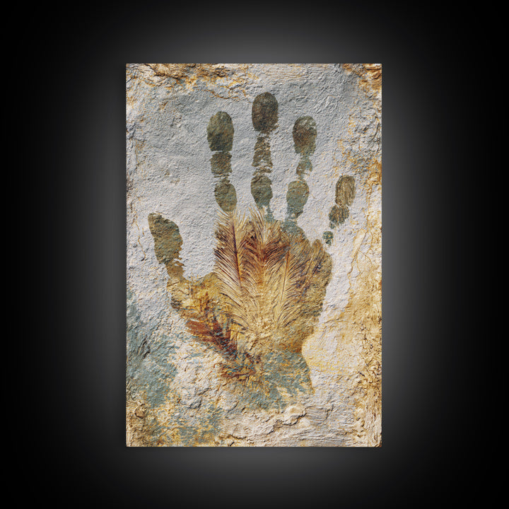 Handprint and Animal Track Composition Framed Canvas Print, Tribal Art, Earthy, Living Room Decor, Fine Art, Tribal, TRI-2x3-97