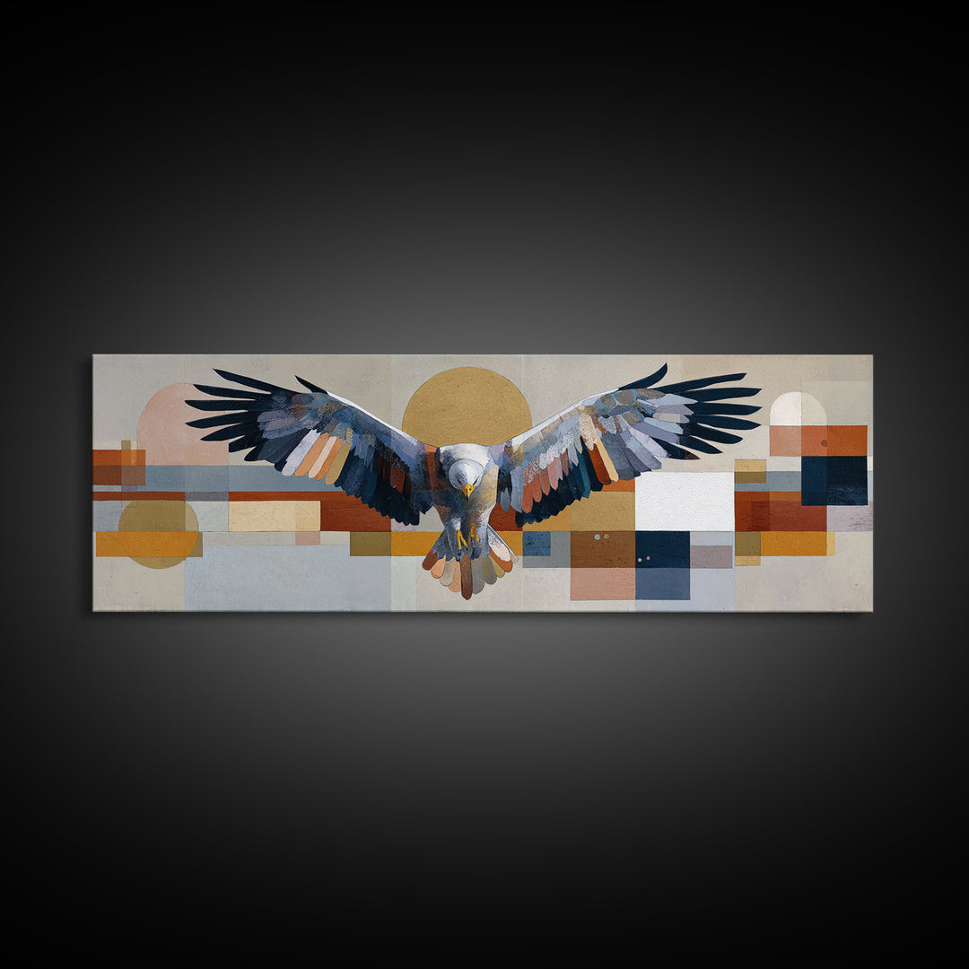 Eagle Totem with Feathers and Geometric Shapes Canvas Print, Tribal Art, Southwestern Decor, Living Room Decor, Abstract Art, TRI-3x1-4