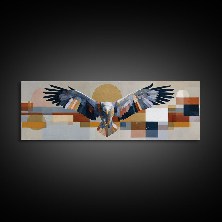Eagle Totem with Feathers and Geometric Shapes Canvas Print, Tribal Art, Southwestern Decor, Living Room Decor, Abstract Art, TRI-3x1-4