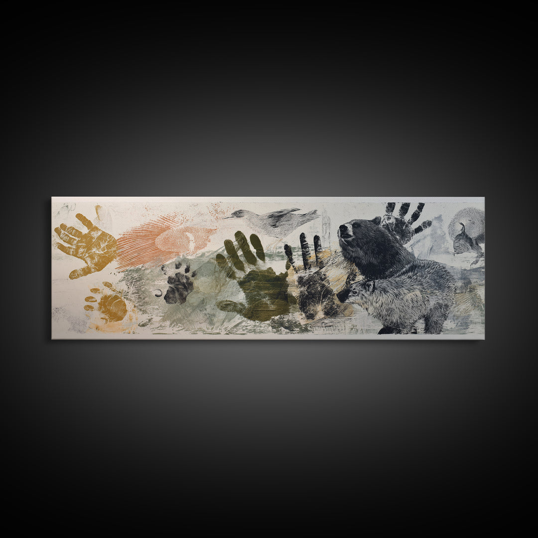 Handprint and Animal Track Composition Framed Canvas Print, Tribal Art, Statement Artwork, Living Room Decor, Fine Art, Tribal, TRI-3x1-57