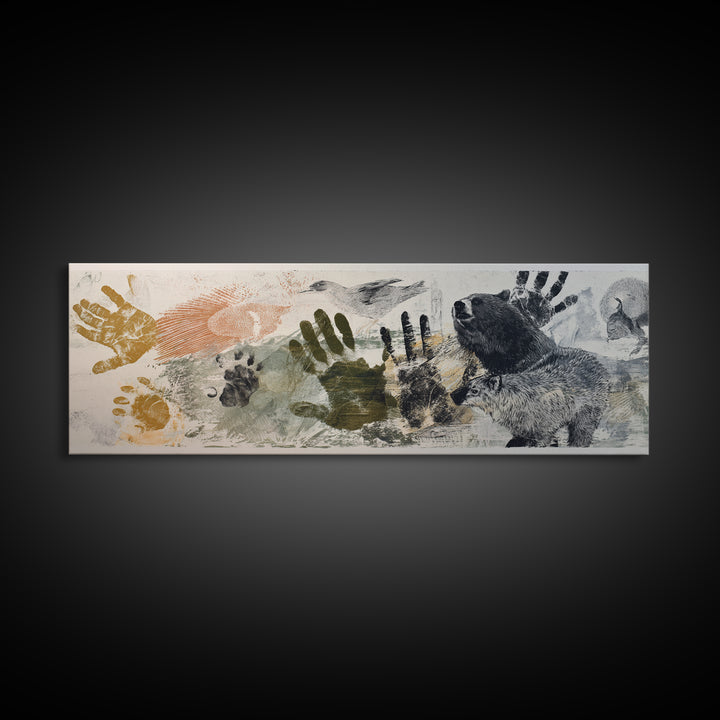 Handprint and Animal Track Composition Framed Canvas Print, Tribal Art, Statement Artwork, Living Room Decor, Fine Art, Tribal, TRI-3x1-57