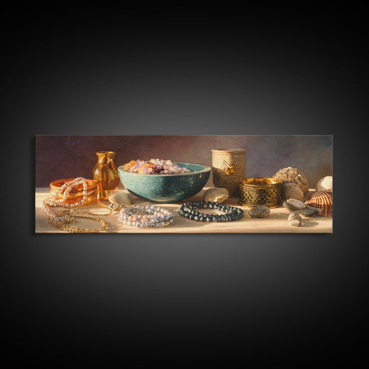 Beaded Jewelry Still Life Framed Canvas Print, Tribal Art, Tribal Design, Living Room Decor, Oil Painting, Tribal, TRI-3x1-74