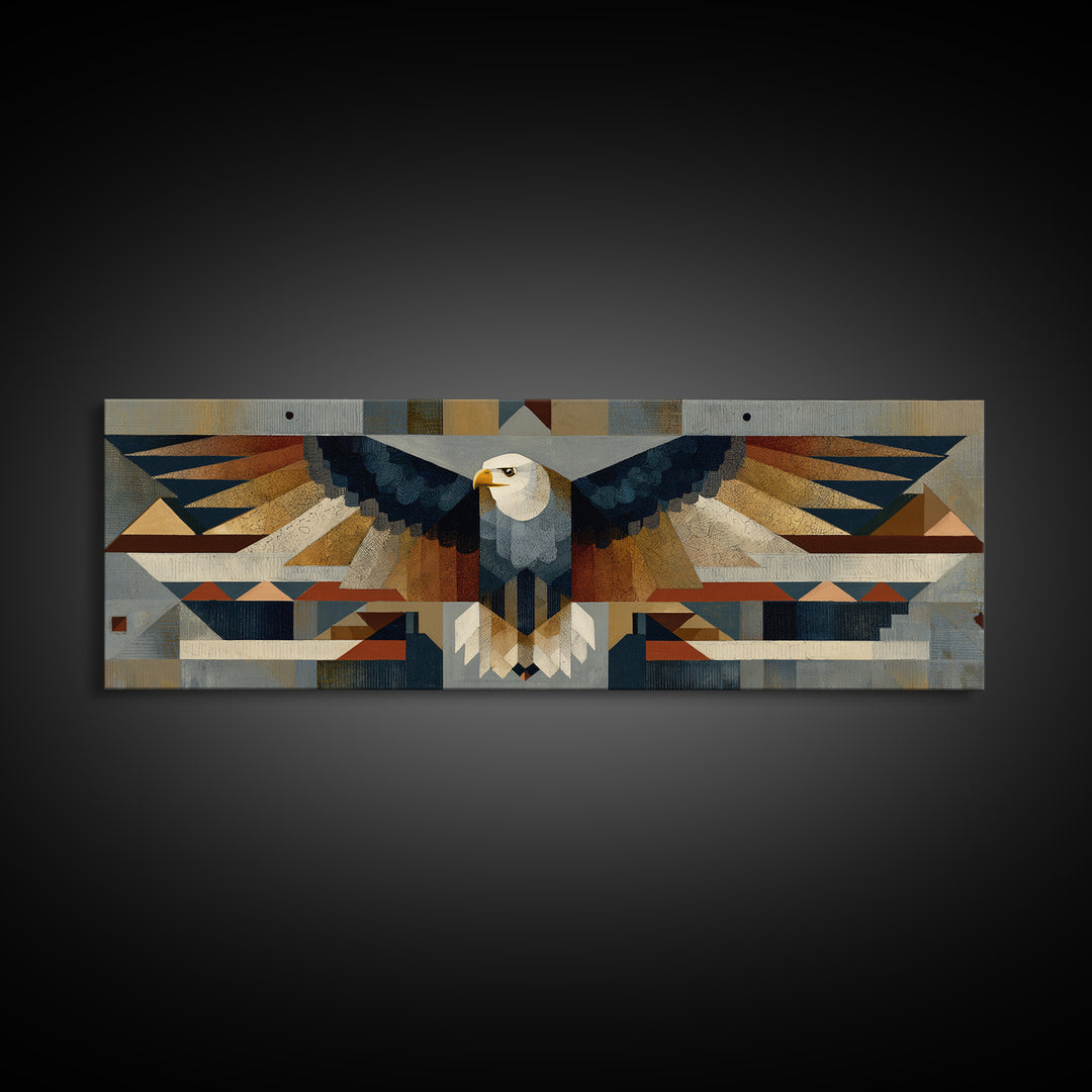 Eagle Totem with Feathers and Geometric Shapes Canvas Print, Tribal Art, Original Painting, Living Room Decor, Fine Art, Tribal, TRI-3x1-76