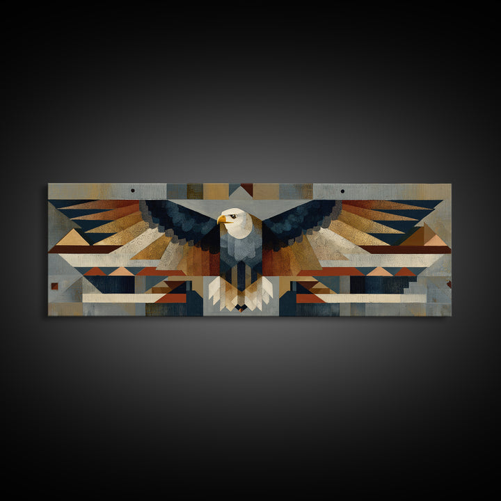 Eagle Totem with Feathers and Geometric Shapes Canvas Print, Tribal Art, Original Painting, Living Room Decor, Fine Art, Tribal, TRI-3x1-76