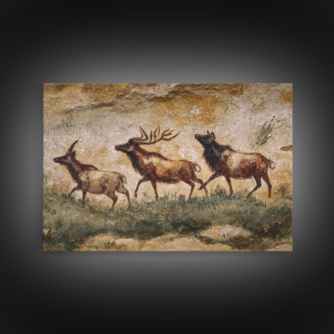 Ancient Cave Art Running Animals Framed Canvas Print, Tribal Art, Wall Art, Living Room Decor, Tribal, Abstract Painting, TRI-3x2-85