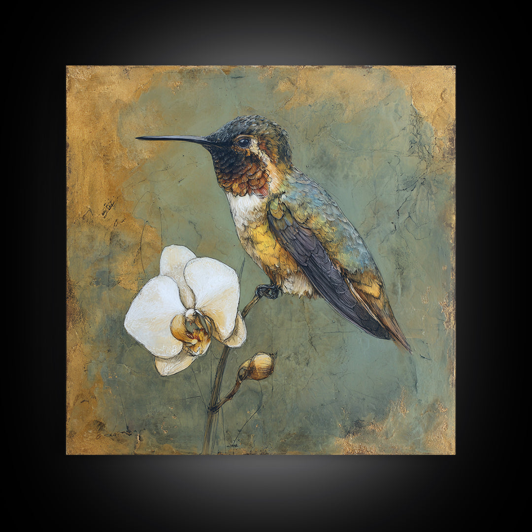 Orchid and Hummingbird Composition Canvas Print, Tropical Art, Trendy Wall Art, Living Room Decor, Tropic, Luxury Decor, TRO-1x1-10