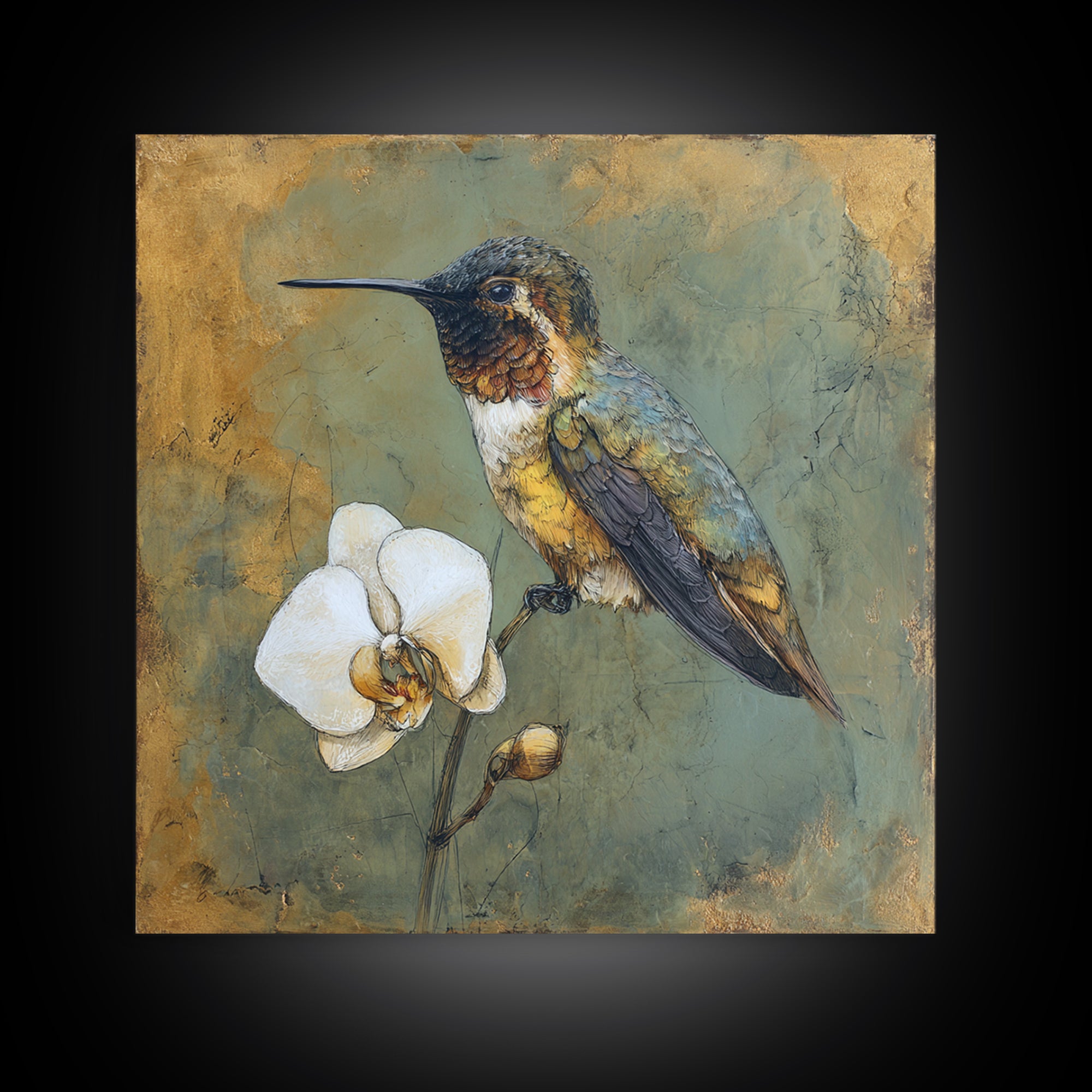 Orchid and Hummingbird Composition Canvas Print, Tropical Art, Trendy Wall Art, Living Room Decor, Tropic, Luxury Decor, TRO-1x1-10