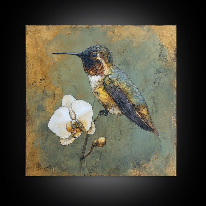 Orchid and Hummingbird Composition Canvas Print, Tropical Art, Trendy Wall Art, Living Room Decor, Tropic, Luxury Decor, TRO-1x1-10