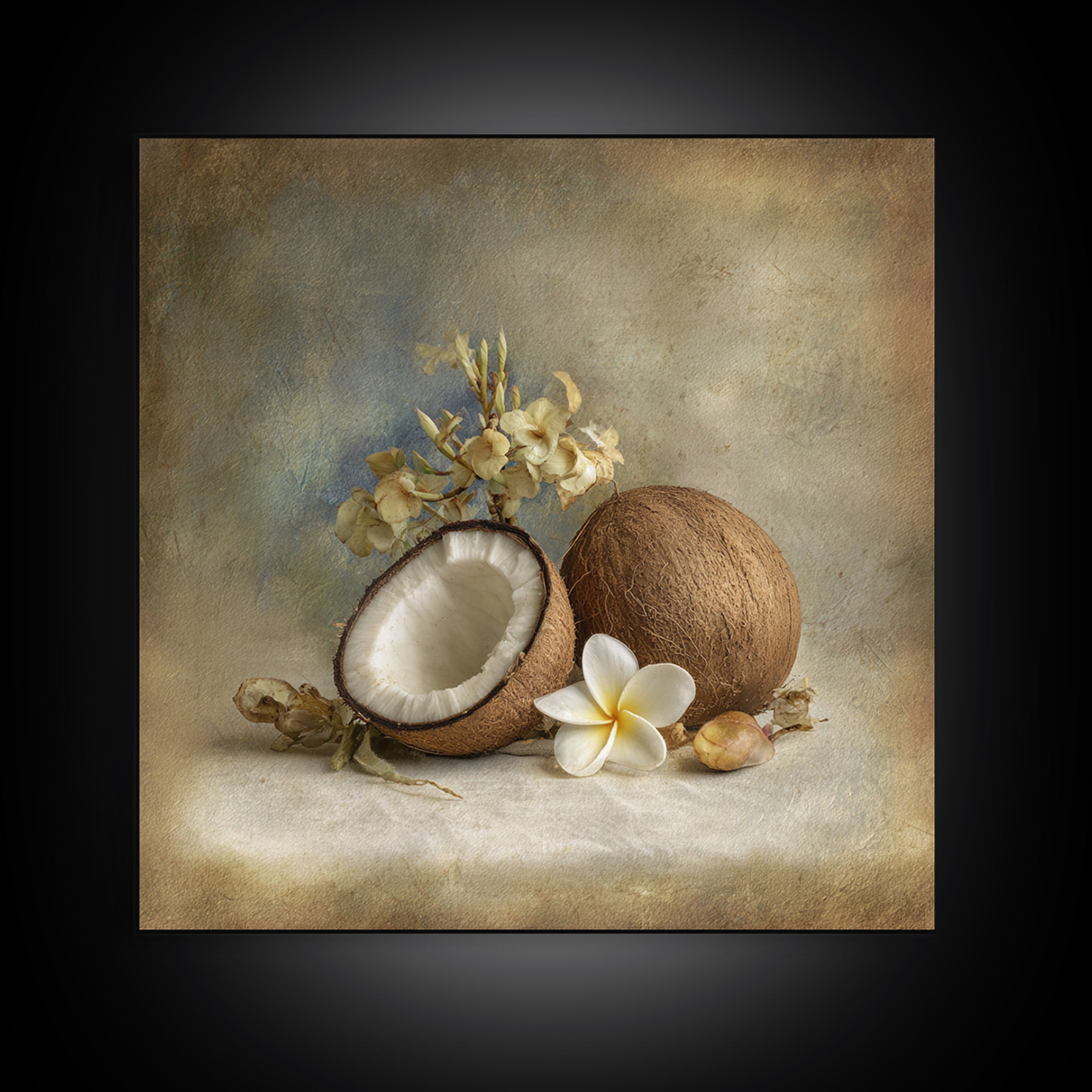 Coconut and Plumeria Still Life Framed Canvas Print, Tropical Art, Decor, Living Room Decor, Fine Art, Tropic, Bird Art, TRO-1x1-12
