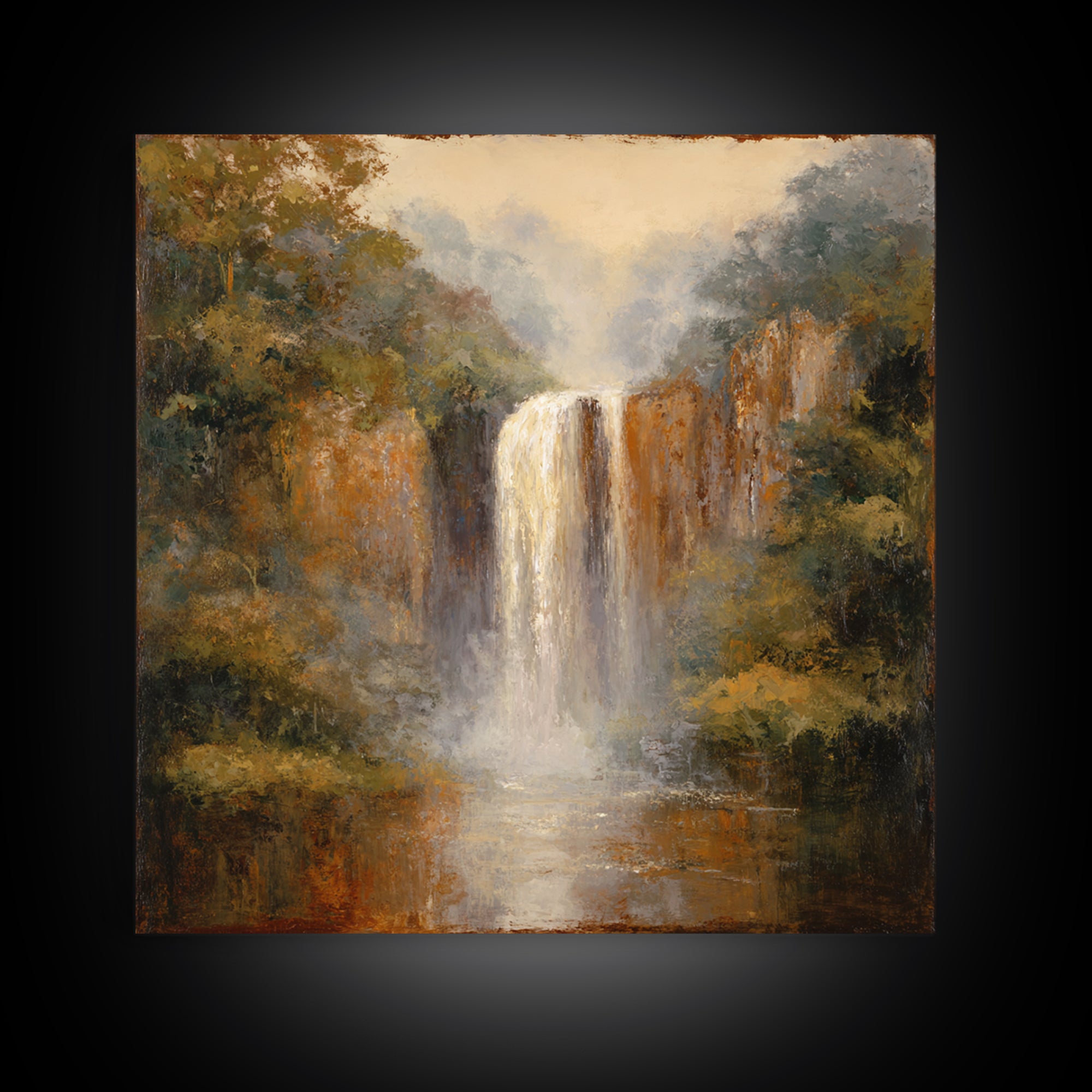 Jungle Waterfall with Misty Light Canvas Print, Tropical Art, Beach Prints, Living Room Decor, Watercolor Art, Tropic, TRO-1x1-13