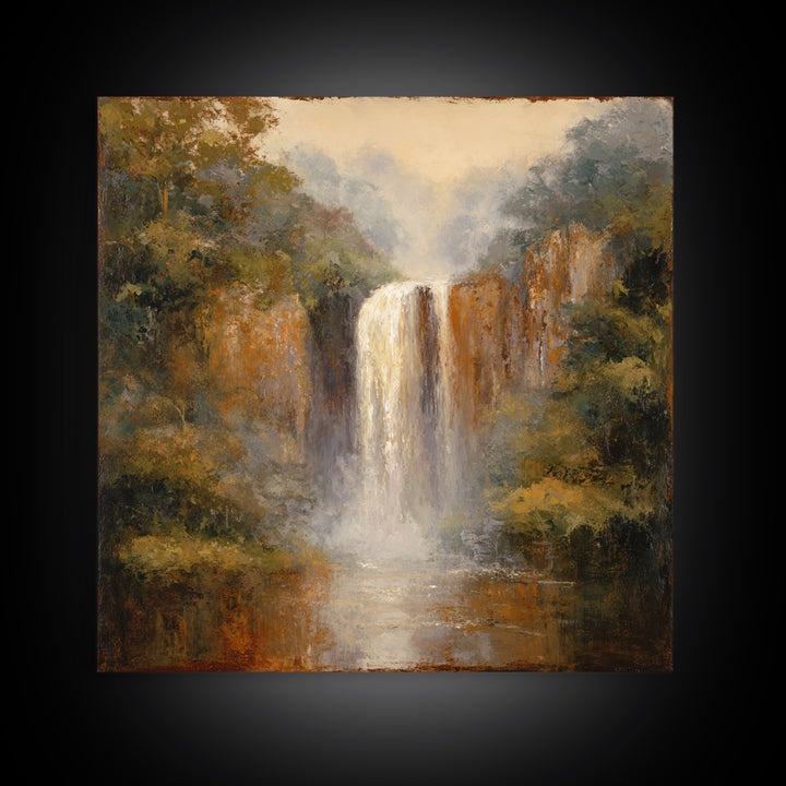 Jungle Waterfall with Misty Light Canvas Print, Tropical Art, Beach Prints, Living Room Decor, Watercolor Art, Tropic, TRO-1x1-13