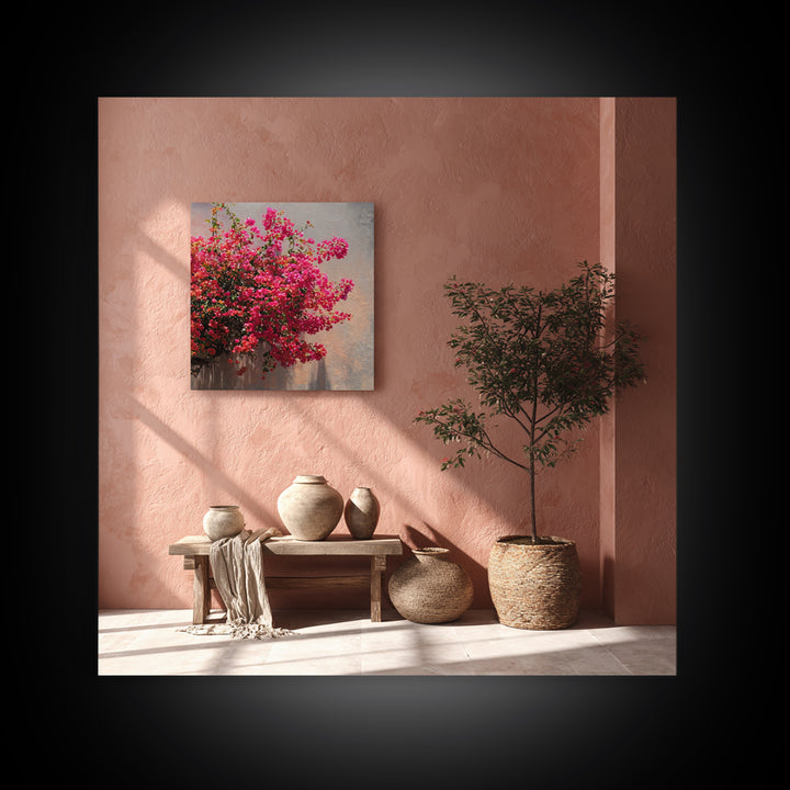 Pink Bougainvillea over White Wall Framed Canvas Print, Tropical Art, Bird Art, Living Room Decor, Watercolor Art, Tropic, TRO-1x1-16