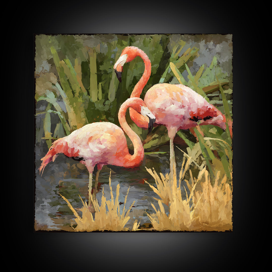 Pink Flamingos Among Tropical Water Plants Framed Canvas Print, Tropical Art, Beach Wall Art, Living Room Decor, Tropic, TRO-1x1-2