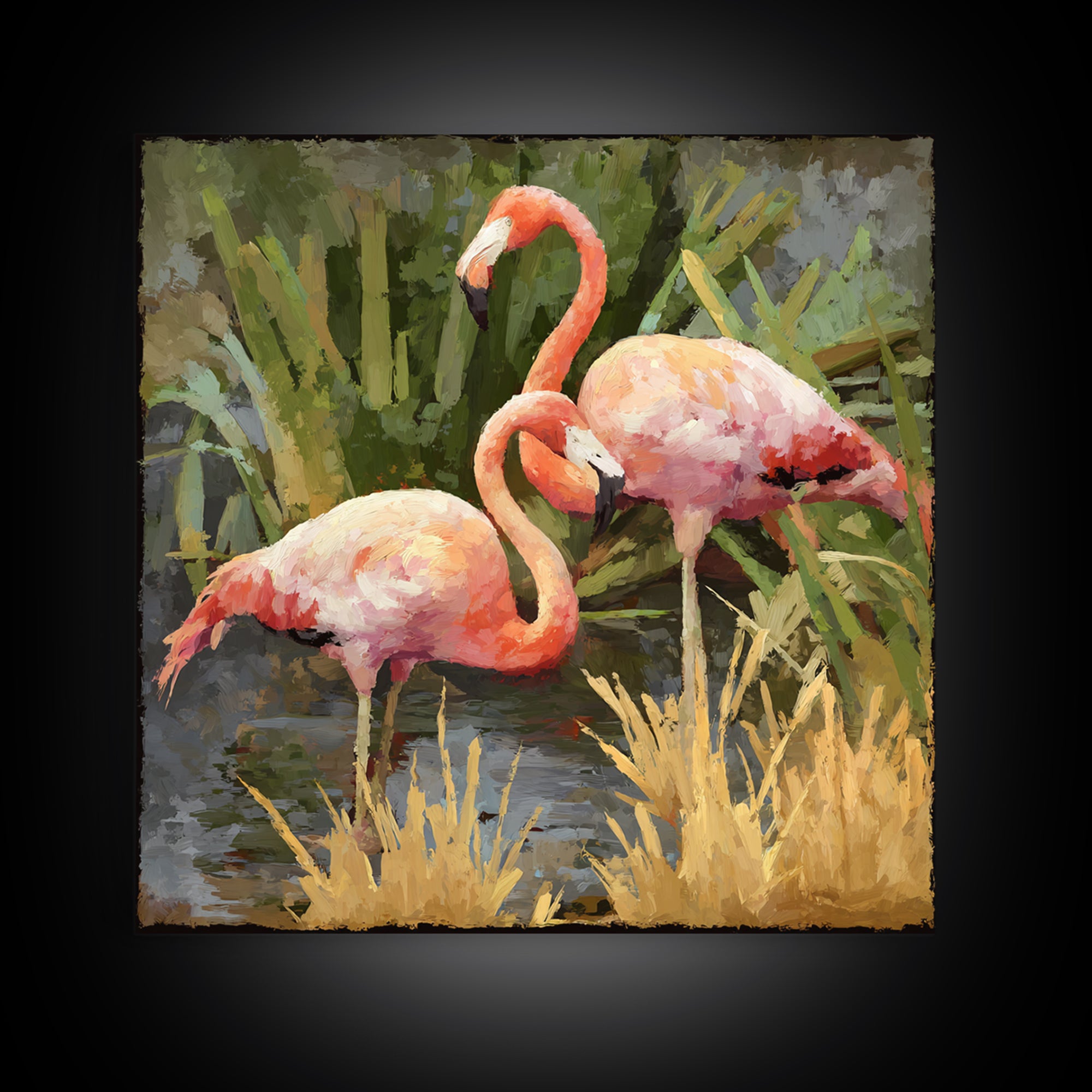 Pink Flamingos Among Tropical Water Plants Framed Canvas Print, Tropical Art, Beach Wall Art, Living Room Decor, Tropic, TRO-1x1-2