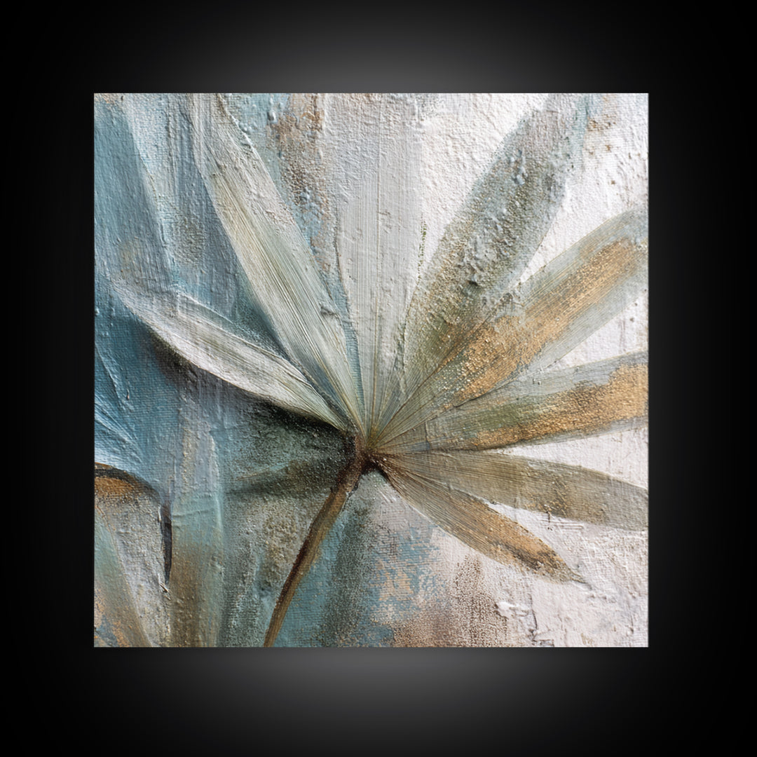 Rain Soaked Palm Leaf Closeup Framed Canvas Print, Tropical Art, Neutral Decor, Living Room Decor, Oil Painting, Tropic, TRO-1x1-21