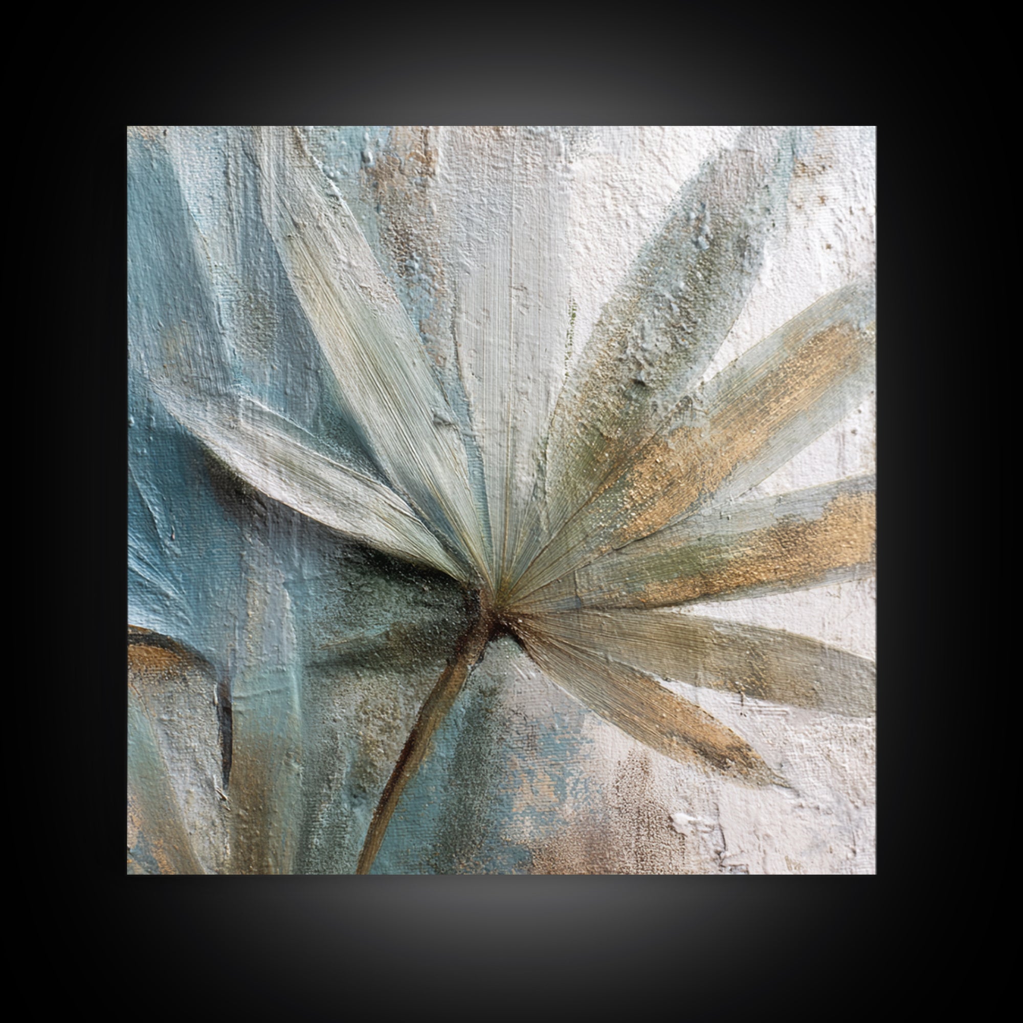 Rain Soaked Palm Leaf Closeup Framed Canvas Print, Tropical Art, Neutral Decor, Living Room Decor, Oil Painting, Tropic, TRO-1x1-21