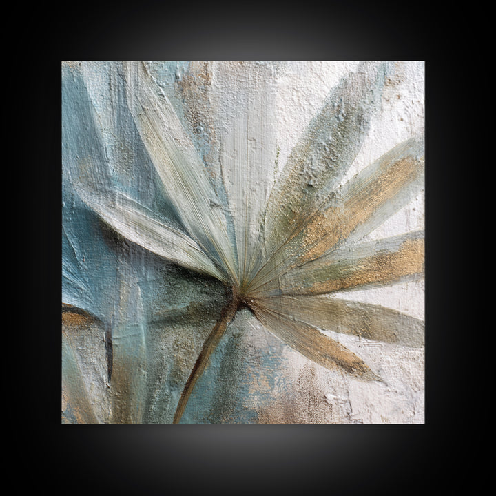 Rain Soaked Palm Leaf Closeup Framed Canvas Print, Tropical Art, Neutral Decor, Living Room Decor, Oil Painting, Tropic, TRO-1x1-21