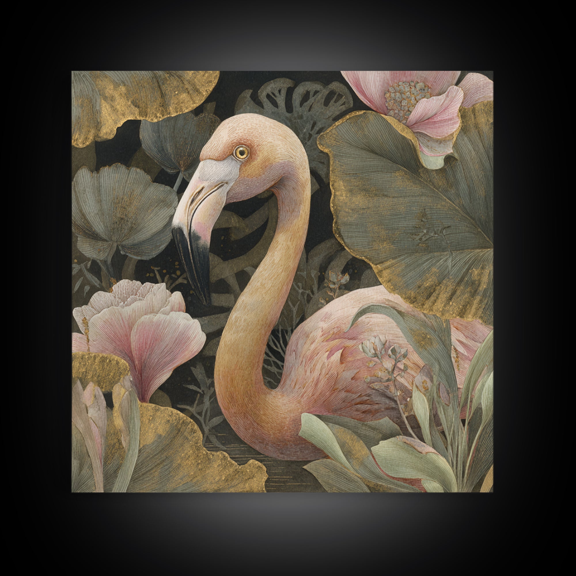 Pink Flamingos Among Tropical Water Plants Canvas Print, Tropical Art, Whimsical Art, Living Room Decor, Fine Art, Tropic, TRO-1x1-26