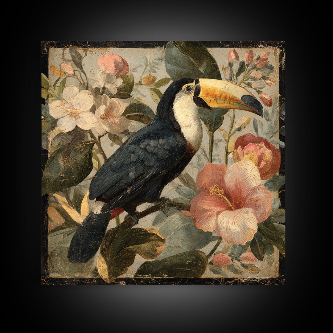 Toucans Surrounded by Bright Jungle Flowers Canvas Print, Tropical Art, Printable Art, Living Room Decor, Fine Art, Tropic, TRO-1x1-3
