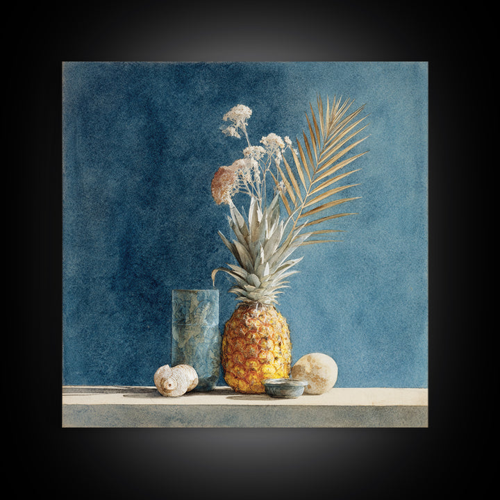 Pineapple and Palm Still Life Canvas Print, Tropical Art, Botanical Art, Living Room Decor, Oil Painting, Tropic, TRO-1x1-30