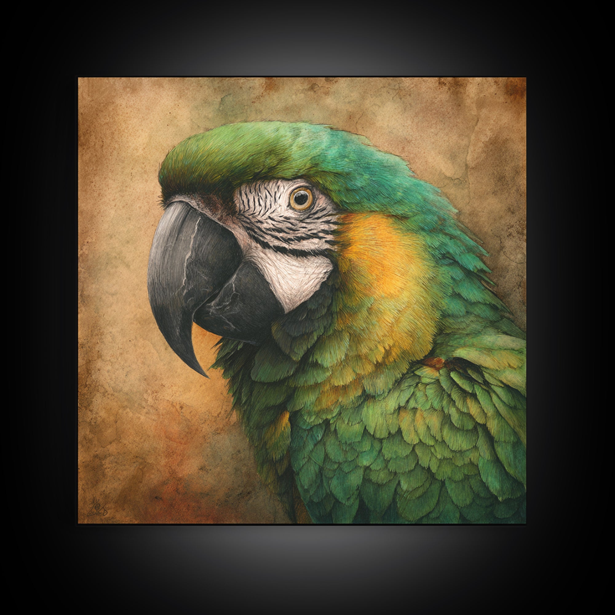 Parrot Portrait with Emerald Feathers Framed Canvas Print, Tropical Art, Gallery Decor, Living Room Decor, Fine Art, Tropic, TRO-1x1-32