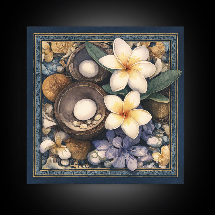 Coconut and Plumeria Still Life Canvas Print, Tropical Art, Printable Wall Art, Living Room Decor, Watercolor Art, Tropic, TRO-1x1-36