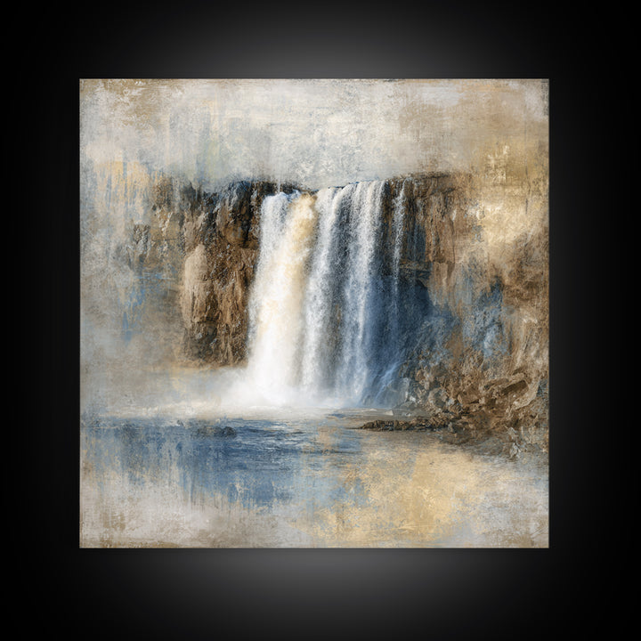 Jungle Waterfall with Misty Light Framed Canvas Print, Tropical Art, Boho Decor, Living Room Decor, Oil Painting, Tropic, TRO-1x1-37
