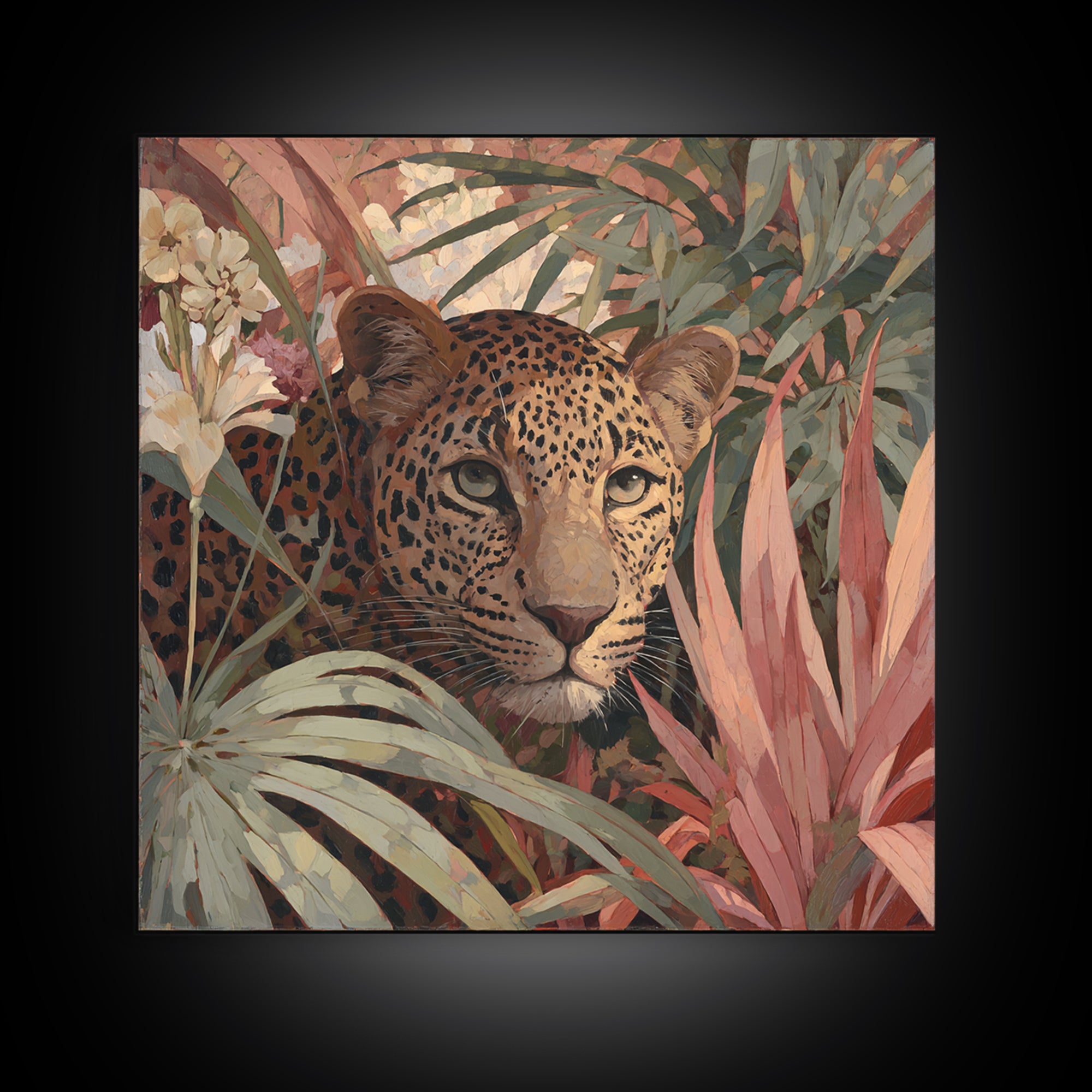 Leopard Hidden Among Palm Leaves Framed Canvas Print, Tropical Art, Gallery Decor, Living Room Decor, Fine Art, Tropic, TRO-1x1-38