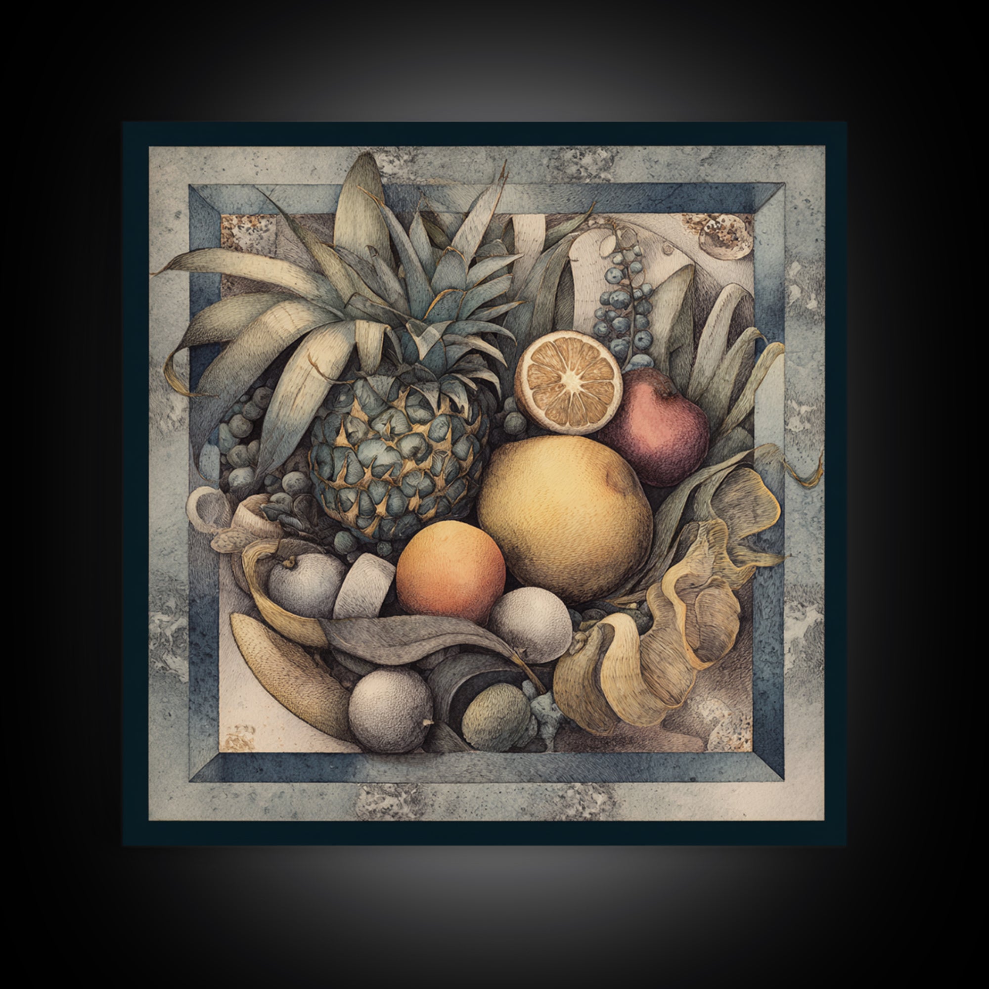 Tropical Fruit Market Arrangement Framed Canvas Print, Tropical Art, Coastal Decor, Living Room Decor, Fine Art, Tropic, TRO-1x1-39