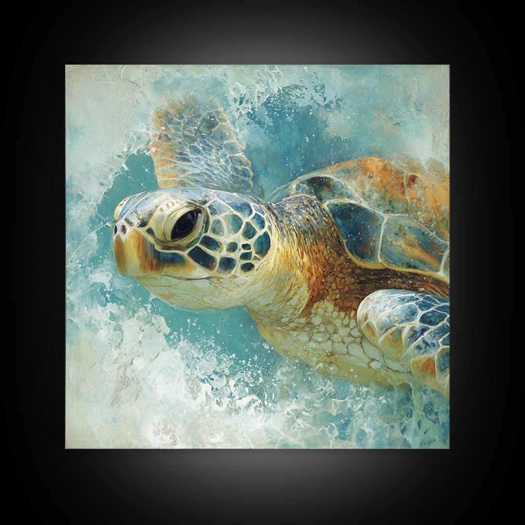Sea Turtle Near Tropical Reef Framed Canvas Print, Tropical Art, Beach Decor, Living Room Decor, Oil Painting, Tropic, TRO-1x1-43